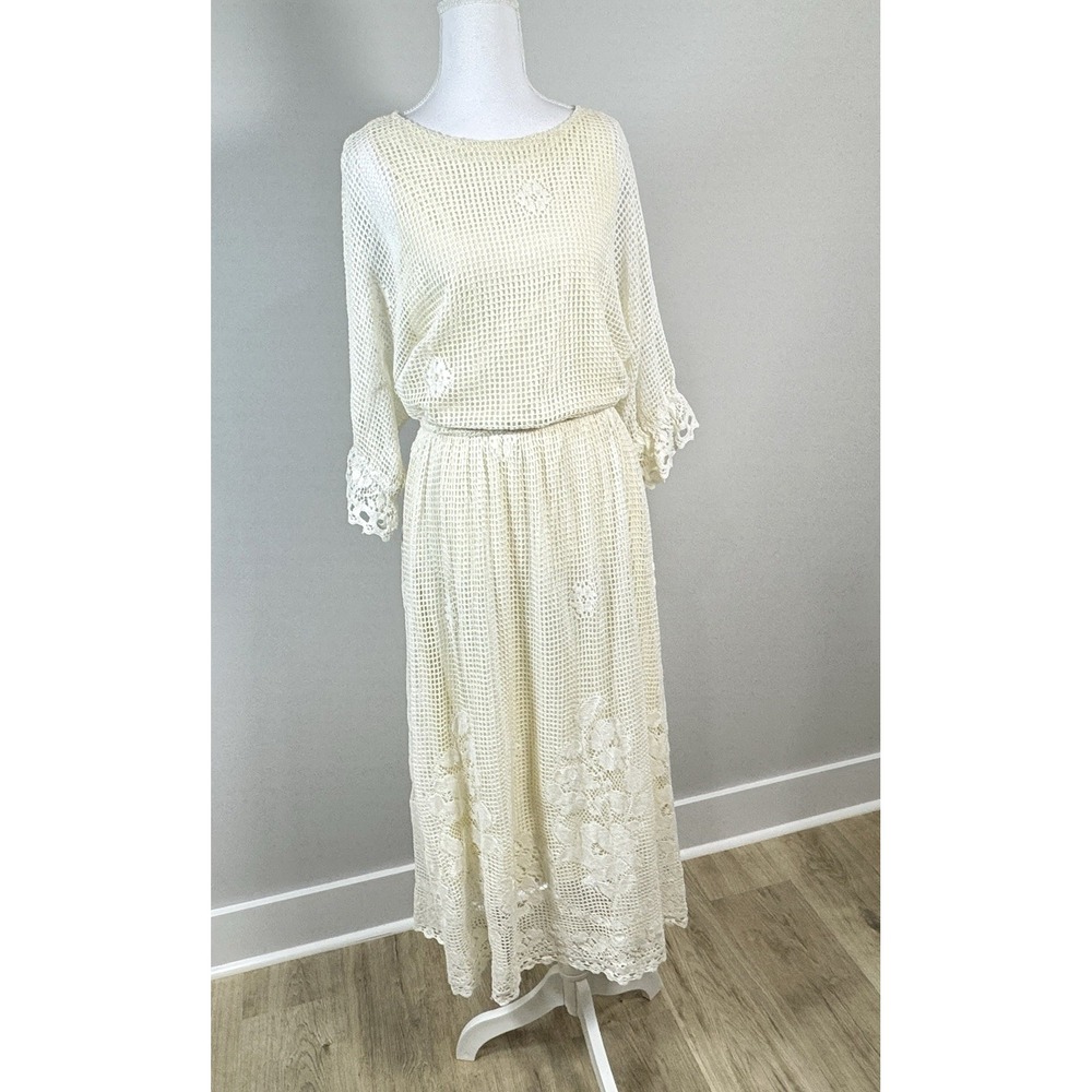 Vintage Ivory Crochet Lace Midi Dress S/M Cotton Cottagecore Romantic Prairie